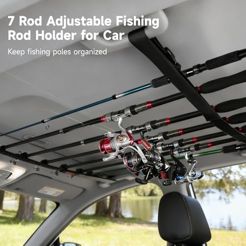 2 Pack Adjustable Fishing Rod Holder for Car, 7 Rod Capacity Fishing Pole Roof Rack Inside, Adjustable 35.4-43.3 in, Fishing Pole Hanger Straps for Wagons, Truck