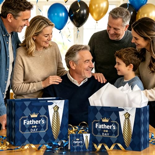 Hooqict Large Fathers Day Gift Bag Father Gift Wrap Bag with Handles, Tissue Paper, Greeting Cards for Best Daddy Husband Grandfather Happy Father's Day Celebrations Party Supplies - color: Fathers Day