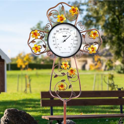 Christian Cross Outdoor Thermometer- Decorative Flower Garden Stake with Flower Design for Patio, Prayer Gardens & Waterproof Oil Rubbed Bronze Temperature Gauge (38 Inch) - color: B-Christian Cross