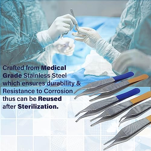 Set of 6 Adson Dressing Tissue Brown Forceps 4.75", Straight and Curved - Premium Quality Stainless Steel (A2Z BRAND)