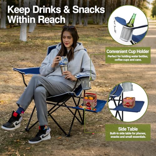XGEAR Camping Chairs 350LBS Capacity, Heavy Duty Folding Chair with Side Table, Portable Outdoor Chair with Cup Holder for Adults, Collapsible for Tailgating, Beach, Fishing, Backyard (Blue, 2-Pack) - color: Blue, size: 2-Pack