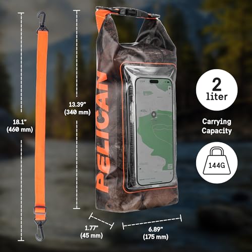 Pelican Marine IP68 Waterproof Dry Bag 2L w/Phone Pouch/Case - Hunter Camo | Roll Top Waterproof Backpack with Touchscreen Phone Pouch - Swimming, Kayaking, Camping, Rafting, Fishing & Travel Essentials - color: Hunter Camo - 2L, size: 2L