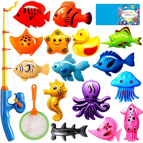 CozyBomB™ Magnetic Fishing Toys Game Set for Kids | Water Table Bathtub Kiddie Pool Party Pole Rod Net, Outdoor Plastic Floating Fish, Toddler Bath Color Ocean Sea Animals Birthday Gift Age 3-5 6 4-8 - size: 15 Fishes