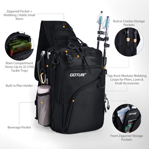 Goture Black Fishing Bag with Tackle Boxes, Crossbody Sling Tackle Backpack for Men, 20L Large Capacity Fits 3600 Trays, Durable Fishing Gear Storage, Best Fishing Gifts for Anglers - color: Black, style: 1680d Double-strand Pu Backpack + (3)3600 Trays