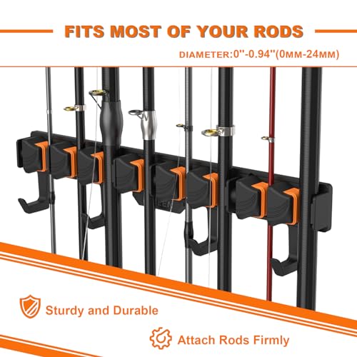 Fishing Rod Holders, Wall Mounted Fishing Rod Rack, Fishing Pole Holder Holds Up to 8 Rods or Combos, Fishing Rod Holders for Garage with 4 Hooks, Fits Most Rods of Diameter 3-24mm - style: Orange-1Pack