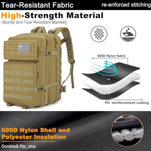 Tactical Backpack 45L Army Military Rucksack, Water Resistant MOLLE Pack, Large 3 Day Bug Out Bag for Men & Women, Durable Outdoor Gear for Hiking, Camping, Hunting, Travel (Khaki) - color: Khaki