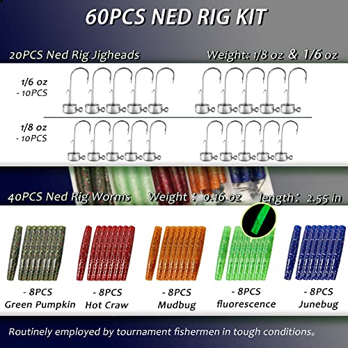 60/25 Pcs Ned Rig Jig Heads Soft Plastic Worms Stick Baits Kit, Mushroom Ned Rigs Jighead Hooks Worm Fishing Lures for Bass Freshwater Saltwater Fishing - color: 60 Pcs Ned Rig Lures