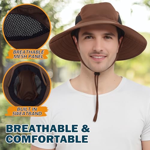 Wide Brim Sun Bucket Hat, Waterproof Boonie Hat for Men & Women | UPF 50+ UV Protection, Adjustable Fit, Chin Strap & Sweatband, Foldable Durable for Fishing Hiking Garden Beach - color: 01 Brown