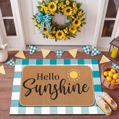 Tinideya 2 Pcs Hello Sunshine Door Mat Outdoor Layering Summer Welcome Mat for Front Door Rubber Linen Teal Blue White Buffalo Plaid Entrance Rug Summer Decor for Front Porch Outside Decor - size: 16 x 28 Inch,24 x 35 Inch, style: Hello Sunshine and Buffa