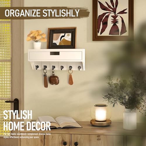 Rebee Vision Decorative Pine Wood Key Holder Wall Mount with Drawer Organizer - Mail Organizer with 6 Key Hooks - Stylish Wall Shelf for Apartment Essentials (Modern White) - color: White, style: 1-Drawer