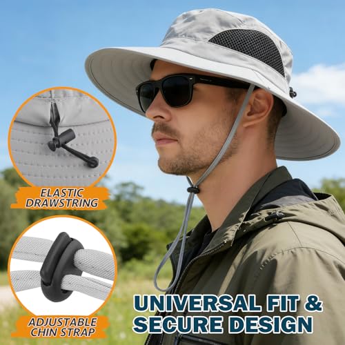 Wide Brim Sun Bucket Hat, Waterproof Boonie Hat for Men & Women | UPF 50+ UV Protection, Adjustable Fit, Chin Strap & Sweatband, Foldable Durable for Fishing Hiking Garden Beach - color: 01 Light Grey