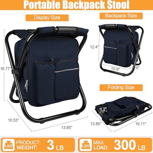 Kikerike Backpack Stool Cooler Chair Heavy Duty 300 LBS Max Load Portable Lightweight Stool Backpack Folding Fishing Cooler Seat for Camping Hunting Fishing - Navy Blue - color: Navy Blue