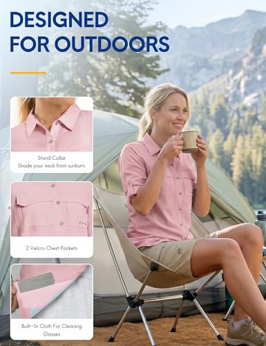 Haimont Women's UPF 50+ Long Sleeve Hiking Button Down Shirt | Quick-Dry, Mesh Back Vents, Roll-Up Tabs, Rod Holder, Lens Cloth, Camping & Travel - color: Pink, size: X-Large