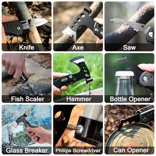 RoverTac Camping Gear Survival Tools Kit Multi Tool Set, 11-in-1 Multitool Axe, High Lumen LED Flashlight, Pocket Knife - Perfect for Camping Survival Hiking Fishing, Tools Gifts for Men.