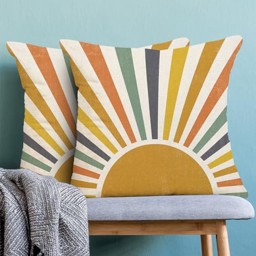 Boho Stripes Pillow Covers 16 x 16 Set of 2, Summer Yellow Rainbow Sun Outdoor Decorative Throw Pillows Farmhouse Linen Sunshine Cushion Case for Home Couch Sofa Decor - color: Sun2, size: 16" x 16" (Pack of 1)