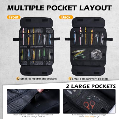 Goture Fishing Jig Bag,20 Mesh Pockets Portable Water-Resistant 600D PU Fishinig Lure Bag Saltwater Freshwater Suitable For Max 5.7" Length Vertical Jig Slow Pitch Jigging Bait Storage (12.99"x7.09") - color: A:12.99”x7.09”