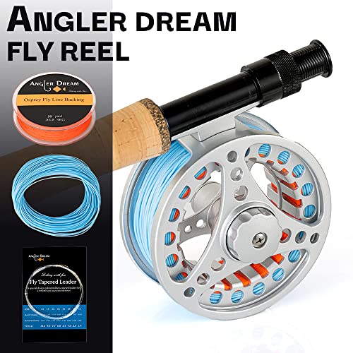 (1/2WT 3/4WT 5/6WT 7/8WT) Fly Reel with Line Combo Aluminum Alloy Large Arbor Fly Fishing Reels Weight Forward Fly Line with Braided Backing Taper Leader Pre-Tied - color: Silver Reel&Blue Line(Pre-load), size: 7/8 WT Reel+Line