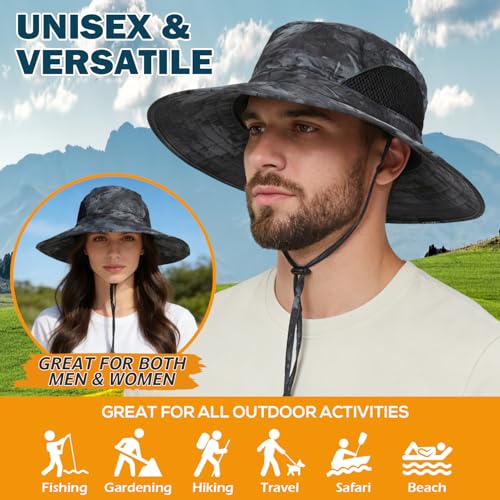 Wide Brim Sun Bucket Hat, Waterproof Boonie Hat for Men & Women | UPF 50+ UV Protection, Adjustable Fit, Chin Strap & Sweatband, Foldable Durable for Fishing Hiking Garden Beach - color: 05 Grey (Camo)