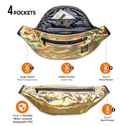 Vibe Festival Gear Rave Fanny Pack for Women Men – Festival, 4 Pockets, Adjustable Strap, Cute Waist Bag, Crossbody Belt Bag, Hiking, Running, Cycling - color: Gold, size: Fits Most