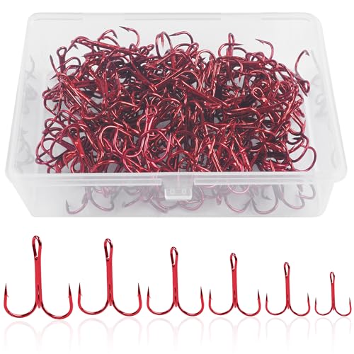 50 Pack Fishing Treble Hooks Kit High Carbon Steel Fish Hook Strong Sharp Round Bend Split Rings for Lures Baits Saltwater Freshwater Fishing Size 1/0 2 4 6 8 10 - color: Red, size: 10# - 50pcs