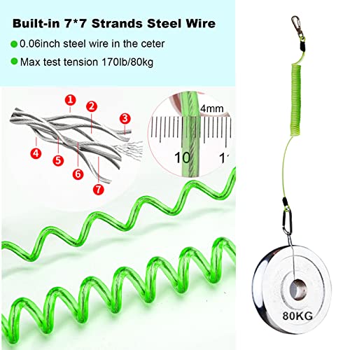 Fishing Lanyard, Heavy Duty Coiled Lanyards Stainless Steel Wire Inside, Safety Rope Extension Cord Tether Retractable Fishing Accessories for Rods, Pliers, Boating, Paddles, Kayak - color: Thick Green