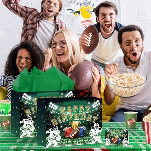 Hooqict Large Football Gift Bag with Handles, Tissue Paper and Greeting Card Football Birthday Party Gift Wrapping Bag for Boys Men Sport Themed Goodie Treat Party Favors - color: Rugby