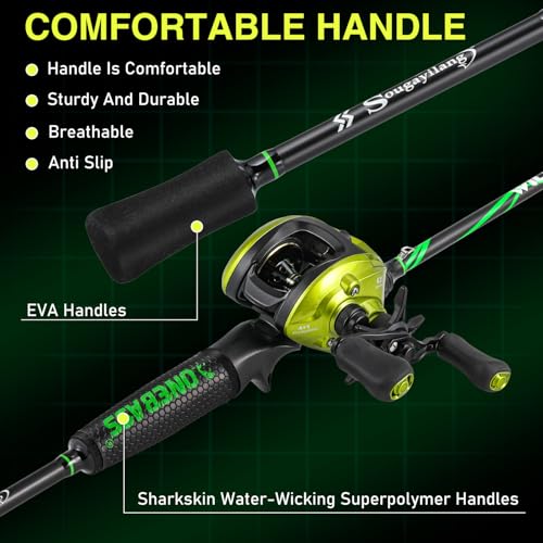 One Bass Fishing Rod Reel Combos, Spinning & Casting Combo, Graphite 2Pc Blanks, Stainless-Steel Guides, Super Polymer Handle - color: Casting Combo-Left Handed, size: 7'0"
