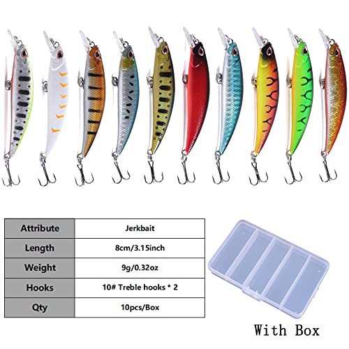 Jerkbait Fishing Lures Jerk Baits for Bass Fishing Jerk Bait Minnow Lures with Tackle Box for Freshwater Saltwater,10pcs - color: A-3.15in/0.32oz-10pcs