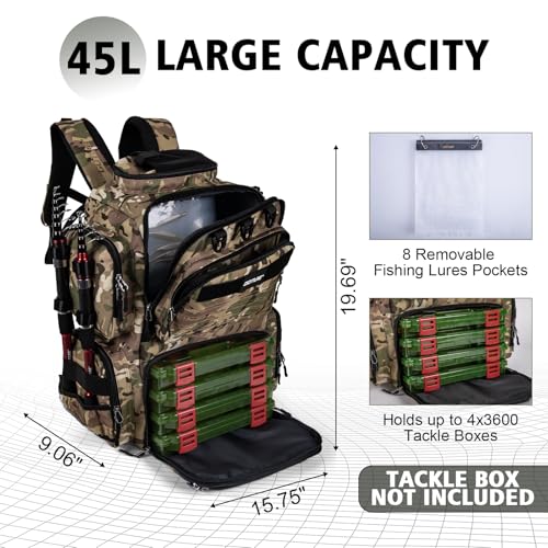 Goture Fishing Backpack,900D Water-Resistant Tackle Backpack with Rod Holders, SBS Zippers,45L Large Fishing Bag Storage Gear Tackle Bag with Rain Cover, Bottle Holder for Travel Camping Hiking - color: A1:A1 Camo(Only Bag), size: Without Tackle Boxes