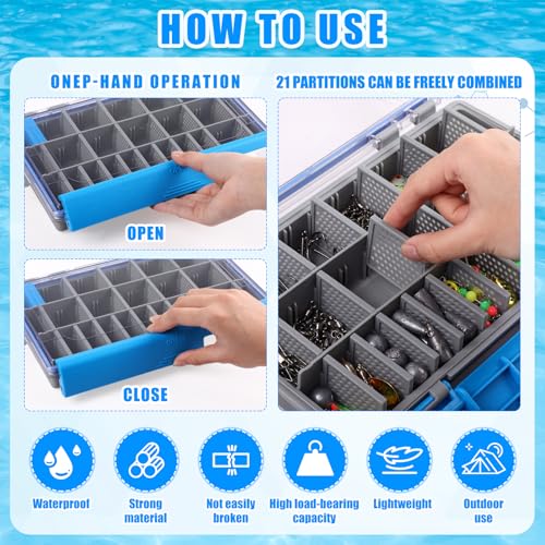 Junkin 6 Pack 3600 Fishing Tackle Boxes Waterproof, High-vis Blue Lure Organizer Trays with Removable Dividers, Airtight Bait Storage Case for Bass Fishing Backpacks & Kayak Gear Accessories - color: Blue, size: 3600