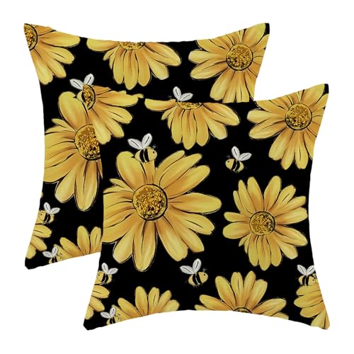 Summer Pillow Covers 18x18 Inch Set of 2 Black Background Yellow Floral Bee Throw Pillows Outdoor Decorative Spring Floral Bee Pillowcases Linen Cushion Cases for Bed Sofa Couch - color: Black Sunflower Bee, size: 18" x 18" (Pack of 2)