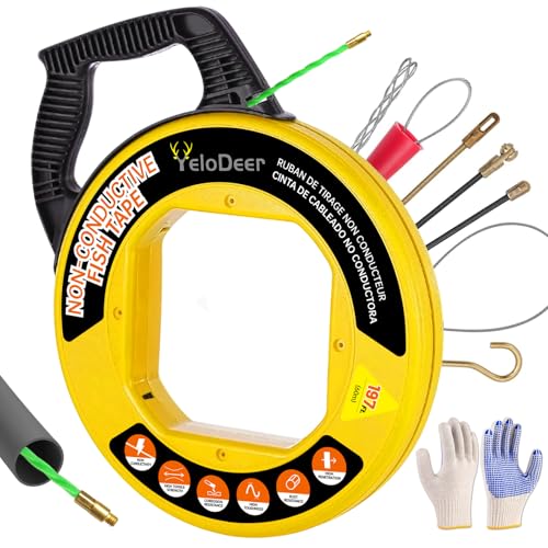 Non-Conductive Fish Tape Wire Puller 197 FT x 4.5 mm with Gloves and 7 Adapters, Flexible PET Wire Fishing Tools for Walls and Electrical Conduit, Rust-Proof - size: 197Ft kit