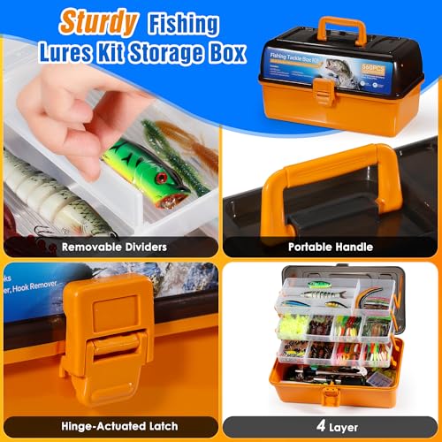 560PCS Fishing Lures Kit with Large 4-Layer Tackle Box, Complete Freshwater Bass Fishing Gear Set with Pliers, Hooks, Crankbait, Sinkers, Jigs, Weights & More Accessories, Gifts for Men
