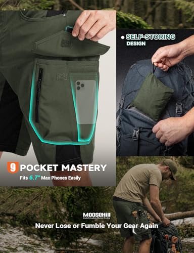 Moosehill Men's Hiking Cargo Shorts: Quick Dry Lightweight Stretch Outdoor Fishing Camping with 9 Pockets (Self-Storing) - color: Army Green, size: 36