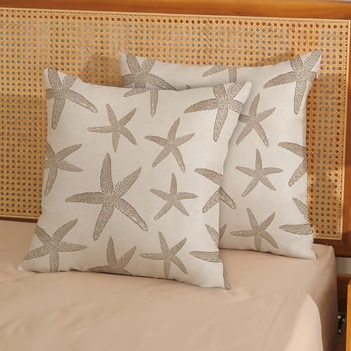 Brown Starfish Pillow Covers 18x18 Set of 2 Coastal Throw Pillows Spring Summer Nautical Ocean Theme Beach Decorative Pillow Cases Farmhouse Outdoor Decor Linen Cushion Case for Couch Sofa - color: Brown Starfish 2, size: 18" x 18" (Pack of 2)