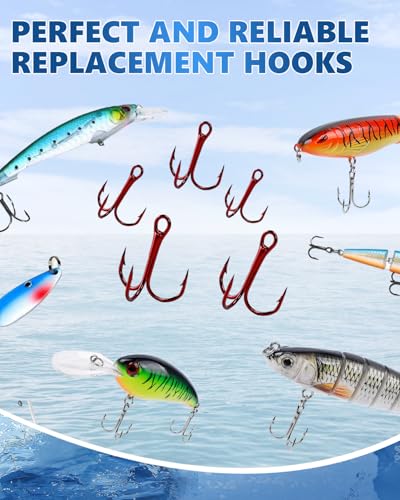 UCEC Fishing Hooks Treble Hooks Kit for Saltwater Freshwater, High Carbon Steel Strong Sharp Round Bend for Catfish Trout Hard Baits Lures, Size #1#2#4#6#8#10#12#14 110/50/210 Pack with Split Rings - style: 100pcs Split Rings & 105pcs Red Hooks #2 #4 #6 #