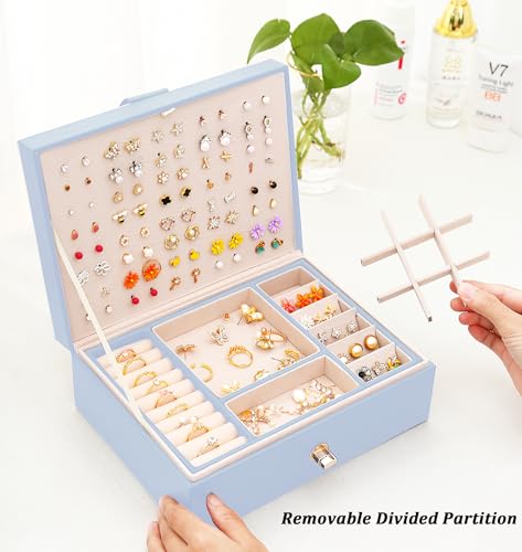 QBestry Girls Jewelry Box Earring Holder Organizer for Girls Jewelry Organizer Box Stud Earrings Organizer for Girls Womens Blue Jewelry Box for Earrings and Necklaces Rings Stud Earrings Box for Teen - color: Blue, size: Medium
