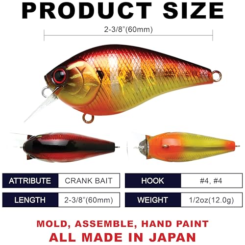 LUCKY CRAFT LC 1.5 Silent Squarebill Crankbait Fishing Lure, 2-3/8", Bass Fishing Lures for Freshwater, Hard Crankbait with Treble Fishing Hooks, Fishing Accessories - color: 301 Magma Heat Up Gill