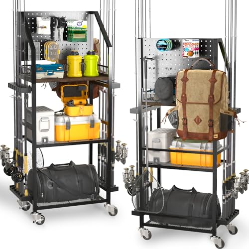 SOYEEZE Fishing Rod Holders for Garage with Pegboard and Lockable Wheels, 3-Tier Fishing Pole Rack with 10 Hooks, Fishing Gear Tackle Box Organizer Up to 12 Rods, Rolling Fishing Storage Cart - color: Black-3-Sided, size: 3-Sided 10 hooks