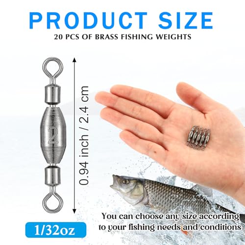 Seenelling 20 Pcs Brass Fishing Sinker Swivel Fishing Weights Saltwater Bullet Sinkers Drop Shot Weight Egg Sinkers with Swivel Rolling Removable Freshwater - size: 1/32oz