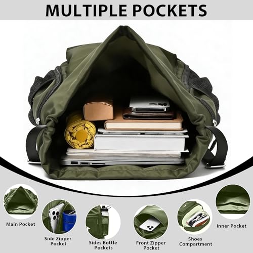 Sport Drawstring Backpack, Gym Bag with Mesh Side Pockets and Separate Shoe Compartment, Water-Resistant (Army-Green) - color: Army-green