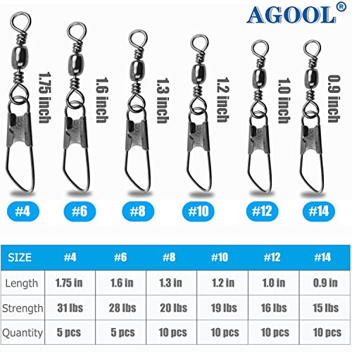 AGOOL Barrel Swivel Snap Kit - 50pcs Barrel Swivels with Safety Snaps High Strength Fishing Quick Connect Snap Swivels with Solid Ring Fishing Tackle Accessories Box Kit Size 4#,6#,8#,10#,12#,14# - color: 50pcs-black