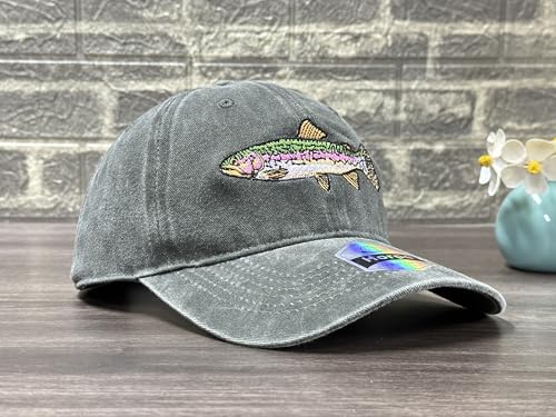 Fishing Baseball Cap for Men Women, Adjustable Embroidered Hat | Fishing Gear, Outdoor Adventure Design, Precision Embroidery Craft, One Size Adjustable Fit - color: Rainbow Trout (Washed Army Green)