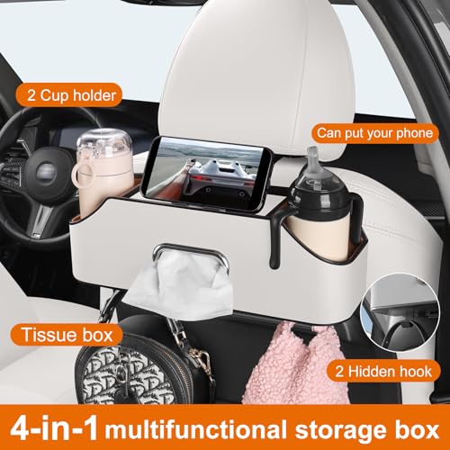 Car Rear Backseat Extra Multifunctional Drink Cup Holder Organizers With Tissue Storage Box Organizer & Hooks For Car Seat Back. White - color: White