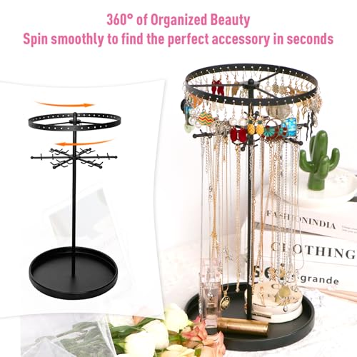 360 Rotating 2-Tier Jewelry Organizer Stand, Large Earring Holder Organizer with 48 Holes for Studs，24 Prongs for Necklaces, Wide Base for Bracelets, Watches, Lipstick, Jewelry Display Stand for Women - color: Metal,2-Tier,Black
