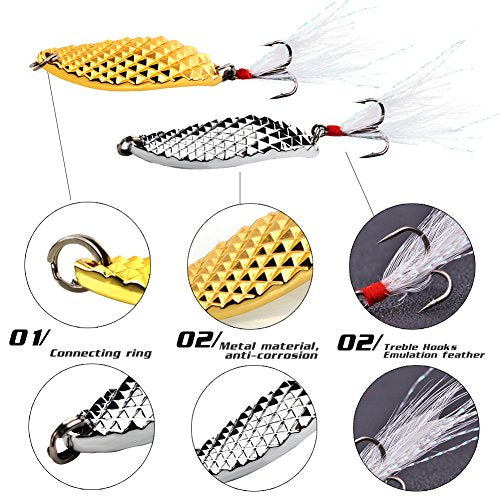 Sougayilang Fishing Spoons Hard Fishing Lures Treble Hooks Salmon Bass Metal Fishing Lure Baits 1/2 OZ - color: SILVER 5pcs