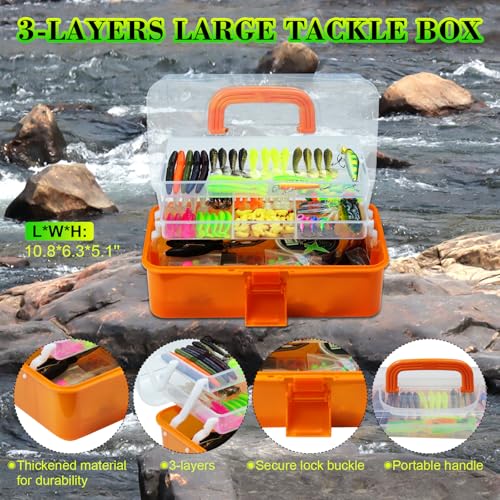 Freshwater Tackle Box, Fishing Tackle Storage with Orange Handle, Clear Plastic Container