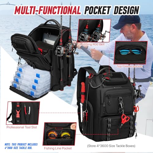 Fishing Tackle Backpack, 40L Tackle Bag with 2 Rod Holders & 4 Tackle Boxes, Water-Resistant Large Storage Fishing Gear and Equipment, Fisher Gifts for Men, Black - color: B-Black with 4 Tackle Boxes
