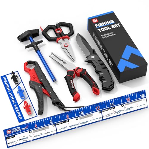 SNAIL TRAIL 7pc Fishing Tool Kit - 17" Pocket Fish Ruler & Knot Tying Guide, Split Ring Pliers, Braid Scissors & Bait Knife. Fish Lip Gripper, Hook Remover and Hook Keeper. Fisherman Gifts