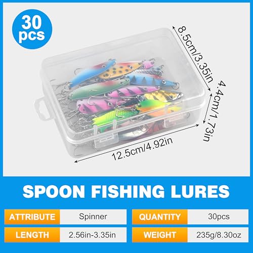 Fishing Spoons Lures Kit,30pcs Hard Metal Fishing Spinner Baits Trout Lures Casting Trolling Trout Spoons Fishing Lures with Treble Hooks for Bass Salmon Pike Walleye
